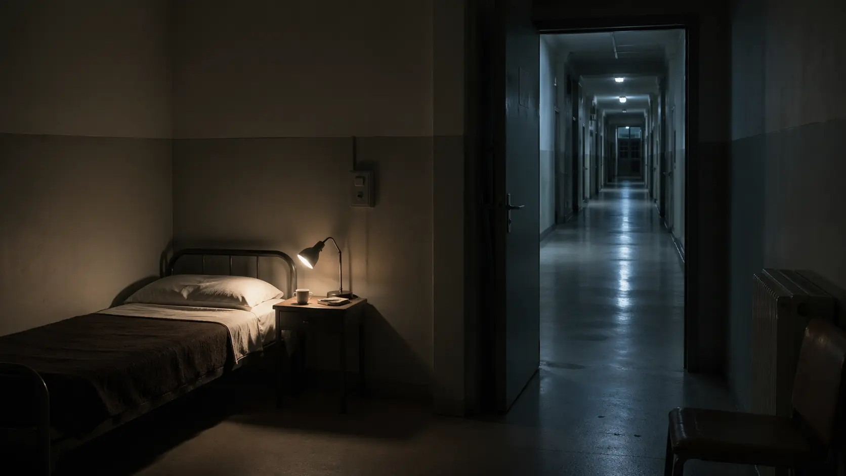 Chambre provisoire de nuit dans une ambiance lourde et silencieuse