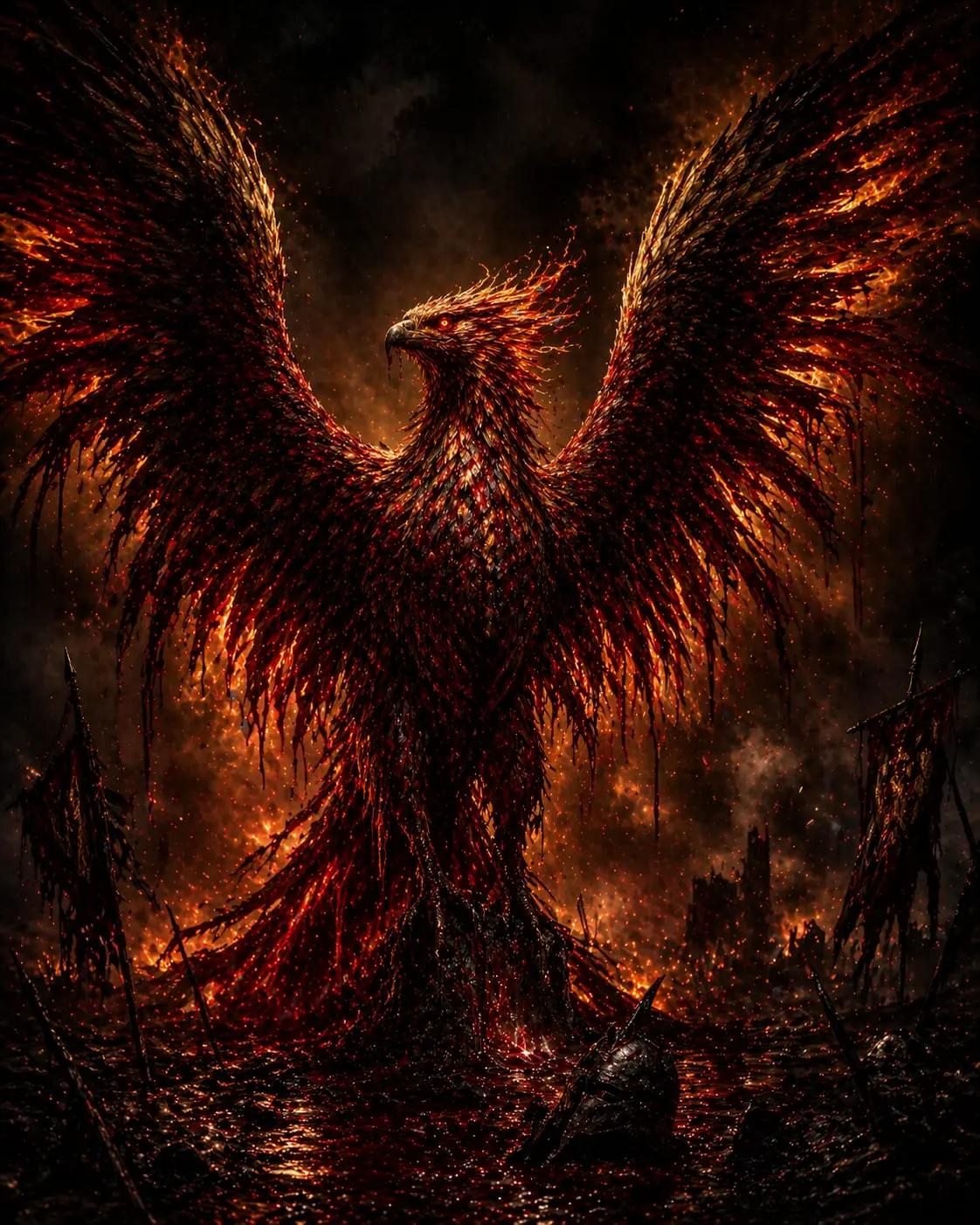 Phénix de renaissance dans des flammes de sang et d’or