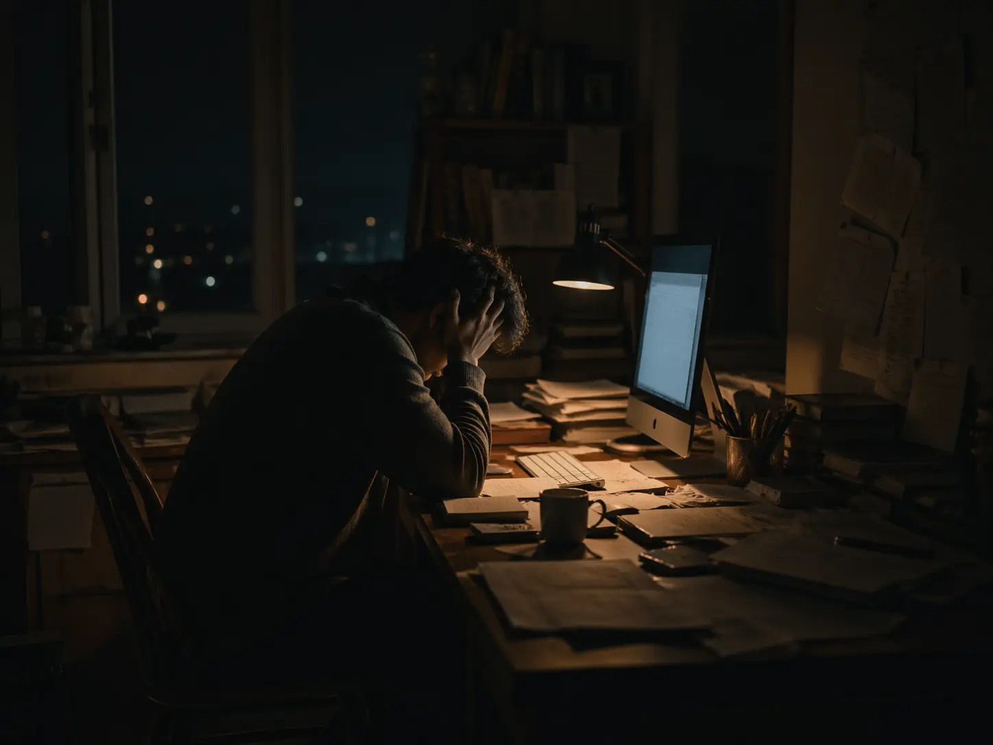 Bureau nocturne dans une ambiance de surcharge mentale et de veille intérieure