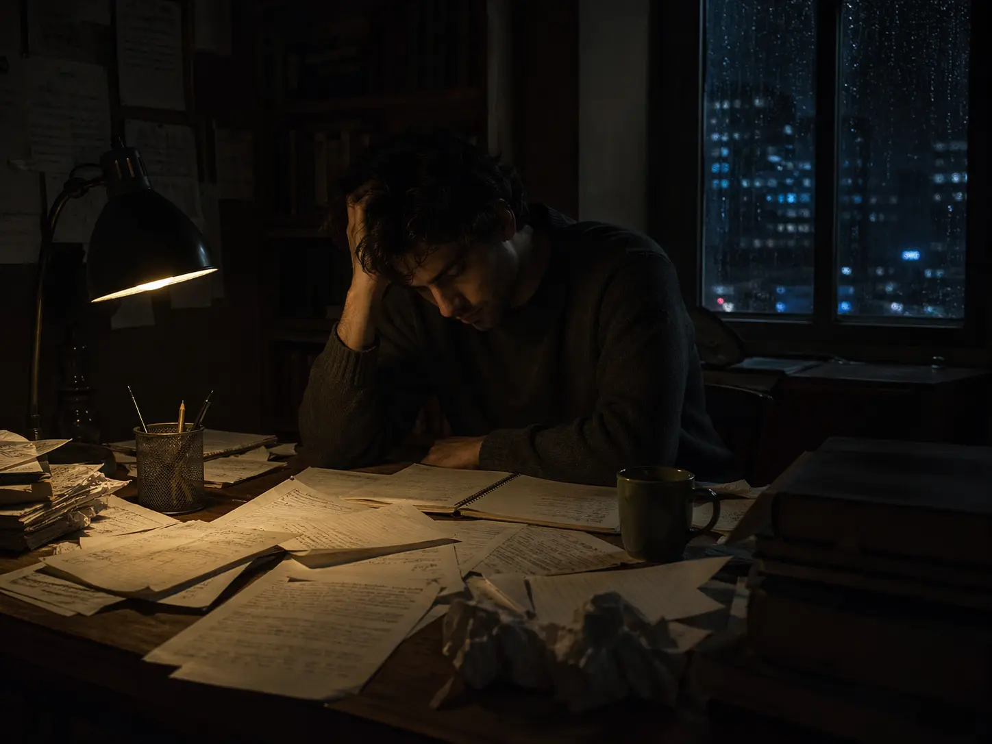 Ambiance de surcharge mentale dans une pièce sombre avec papiers et lumière faible