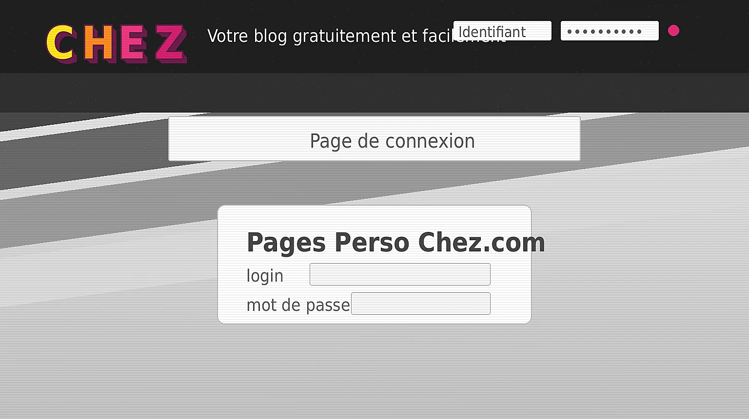 Évocation de la page de connexion Chez.com, avec logo, identifiant et mot de passe