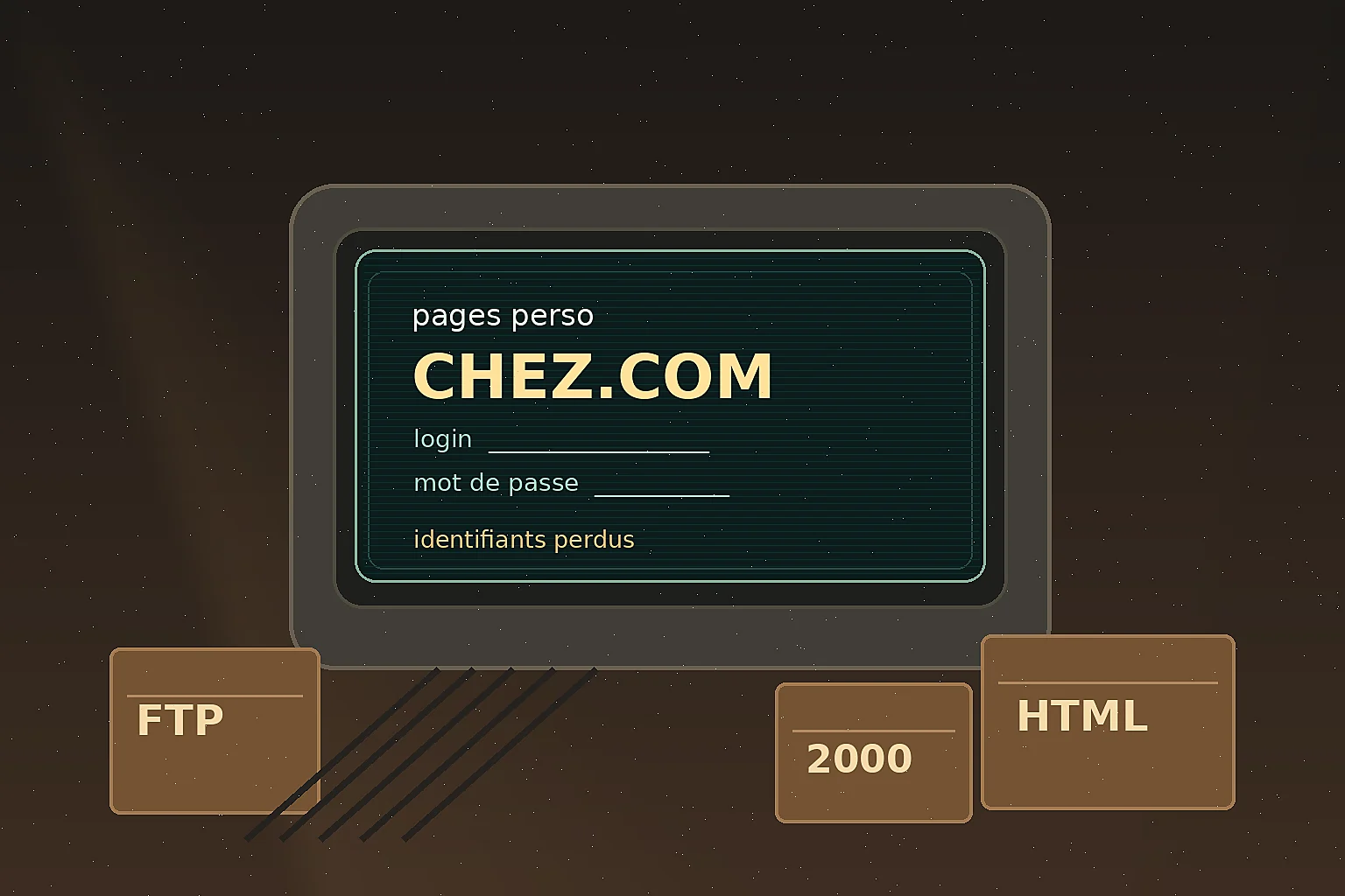 Vieil écran de connexion dans une ambiance de grenier numérique, avec cartons FTP et HTML