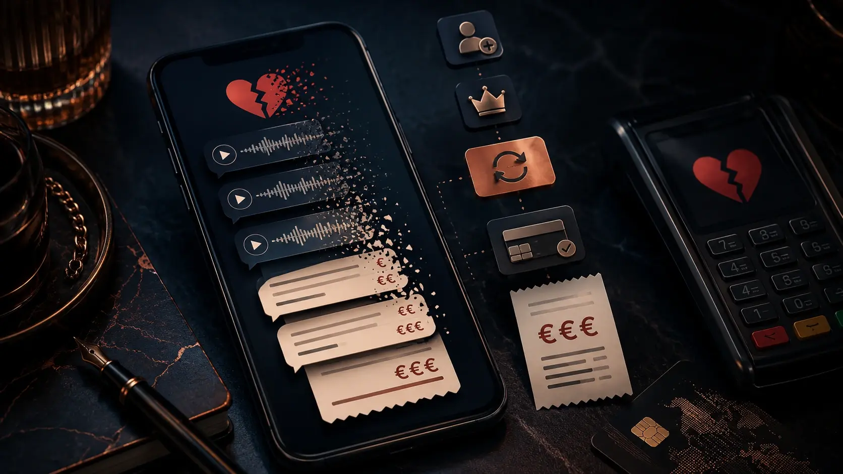 Smartphone montrant des messages vocaux et des factures autour d’un cœur brisé, symbole du business sentimental
