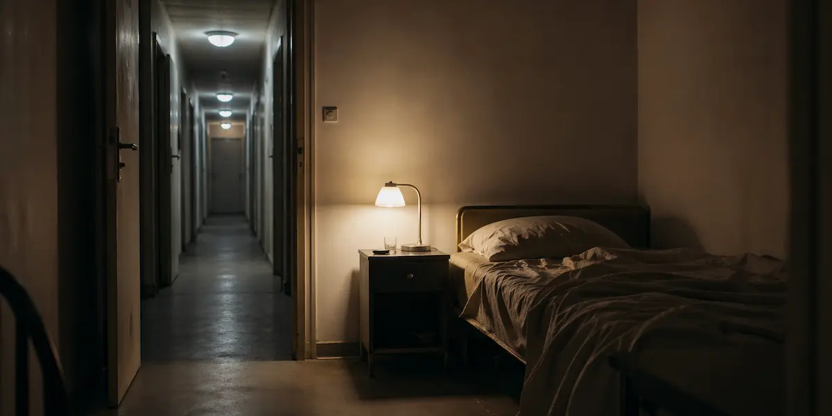 Chambre provisoire de nuit dans une ambiance silencieuse et lourde