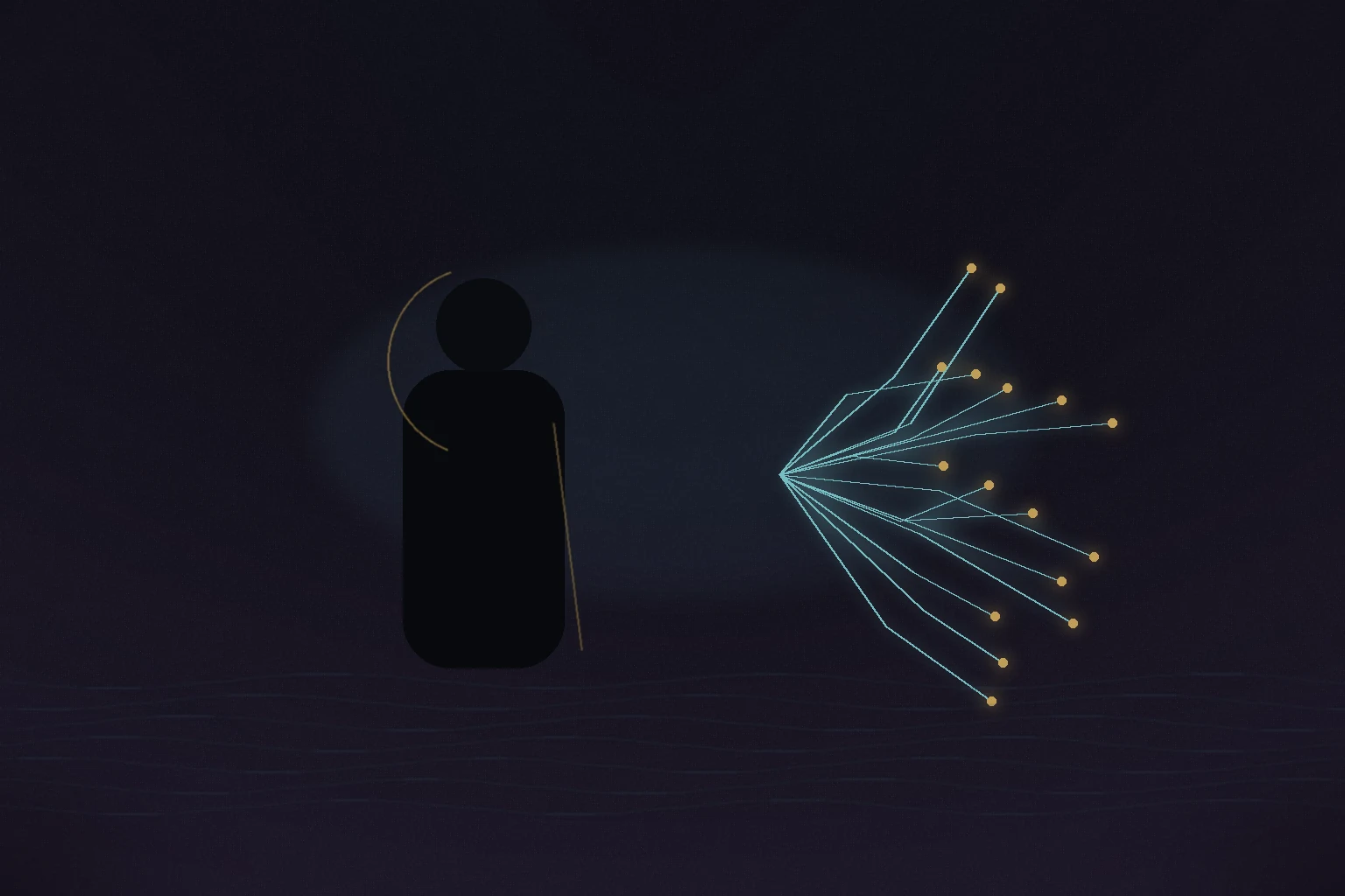 Silhouette humaine face à des circuits lumineux et à une matière sombre traversée d’eau et d’électricité