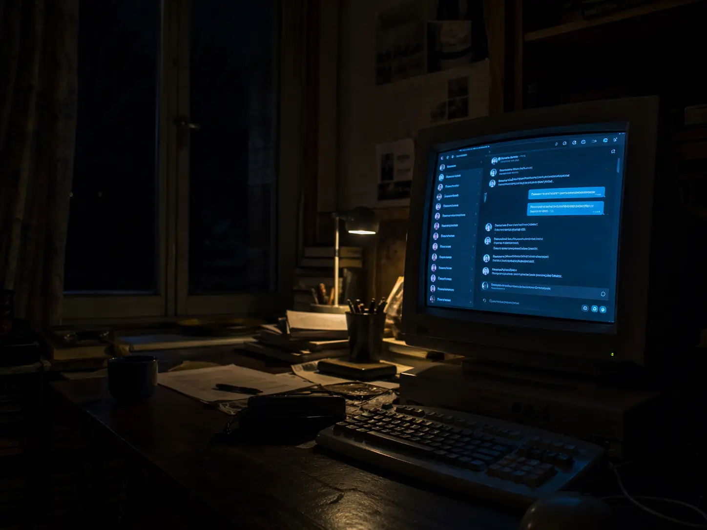 Écran ancien affichant une conversation dans une ambiance nocturne