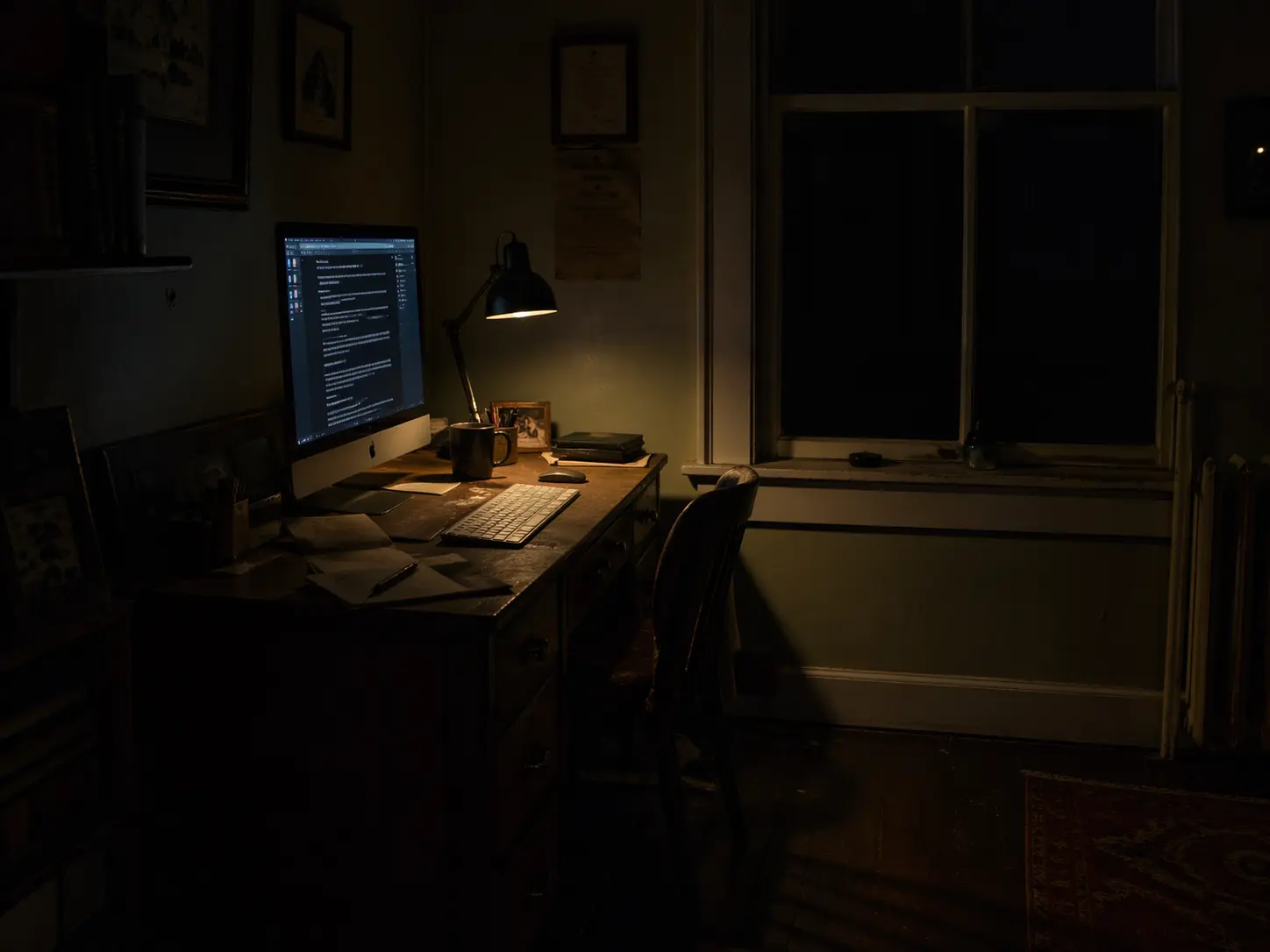 Bureau de nuit avec écran allumé dans une chambre sombre