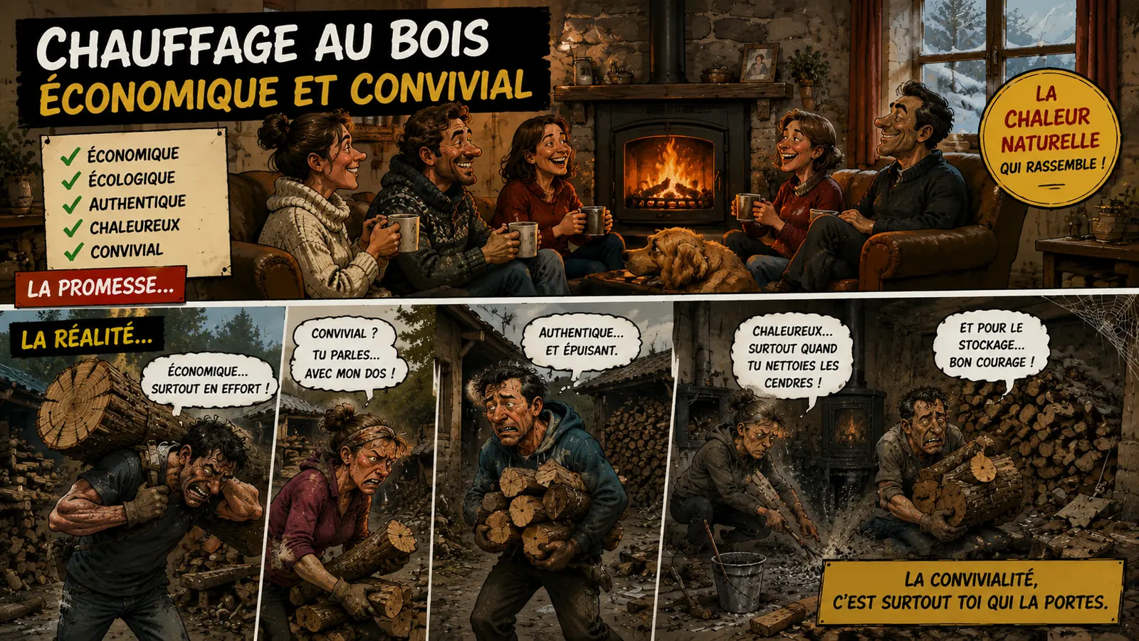 Illustration satirique montrant la promesse chaleureuse du chauffage au bois et la réalité physique du transport, du stockage et des cendres