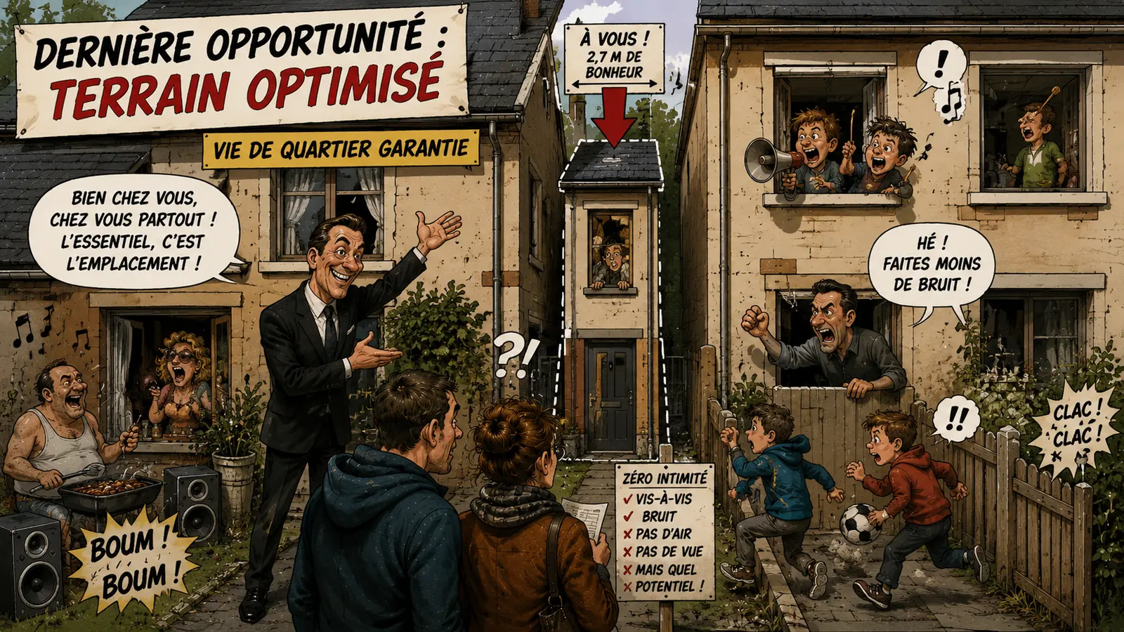 Illustration satirique d’un terrain minuscule coincé entre les maisons, vendu comme un terrain optimisé avec vie de quartier garantie