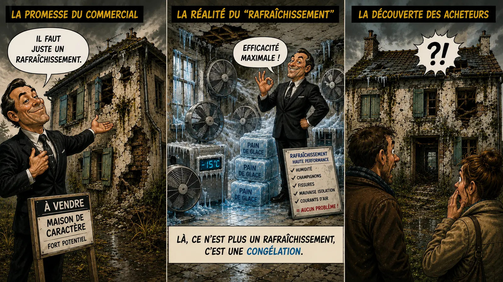 Planche humoristique en trois scènes autour du mot rafraîchissement, avec une maison délabrée, une solution de congélation absurde et des acheteurs effarés