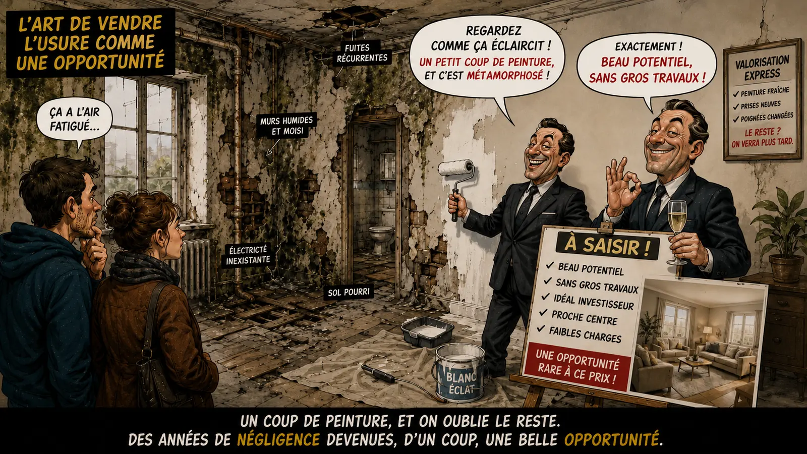 Illustration satirique montrant un bien très dégradé maquillé à la peinture et présenté comme une opportunité avec beau potentiel