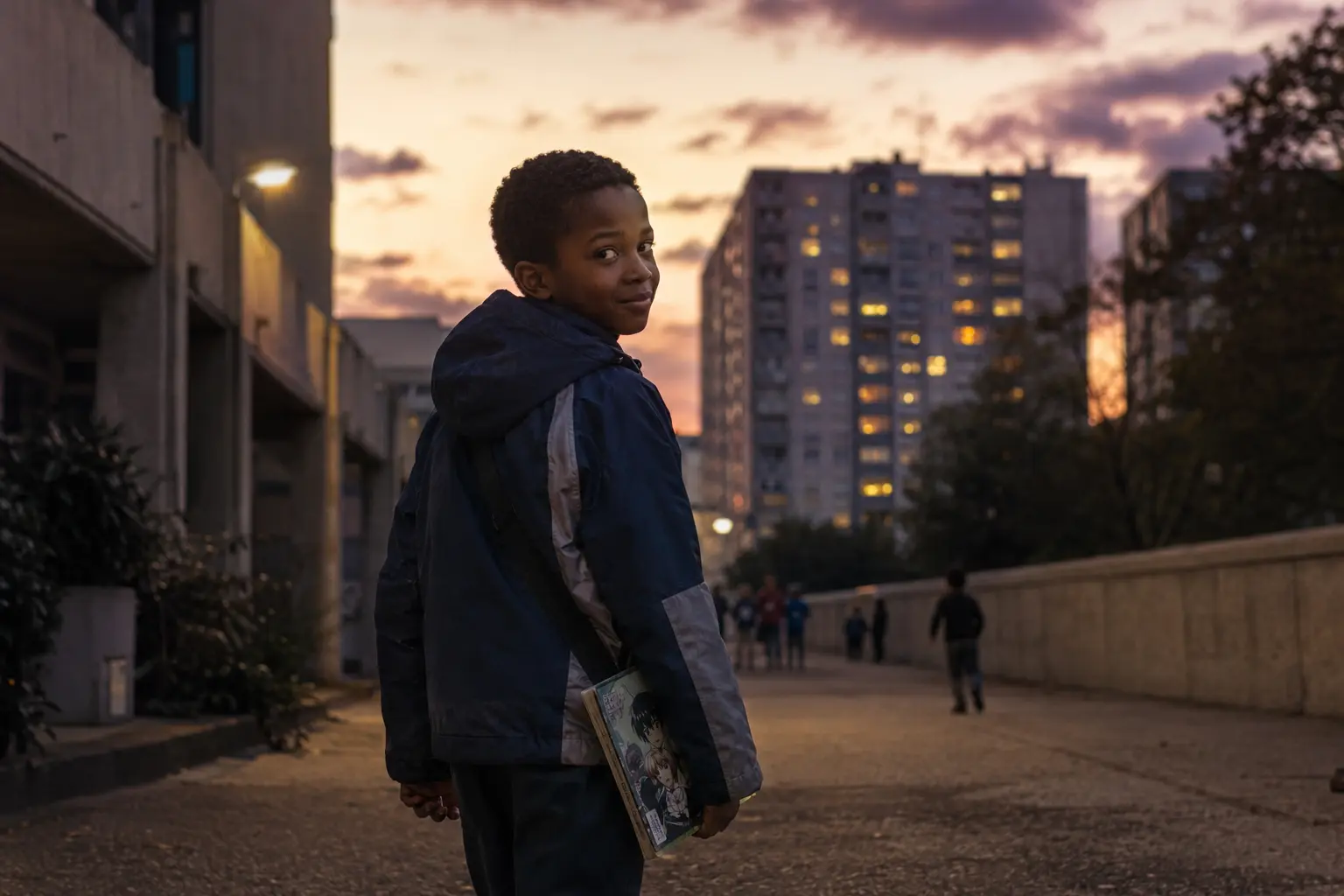 Jeune garçon dans une cité au crépuscule tenant un manga, image d’illustration d’un souvenir d’enfance