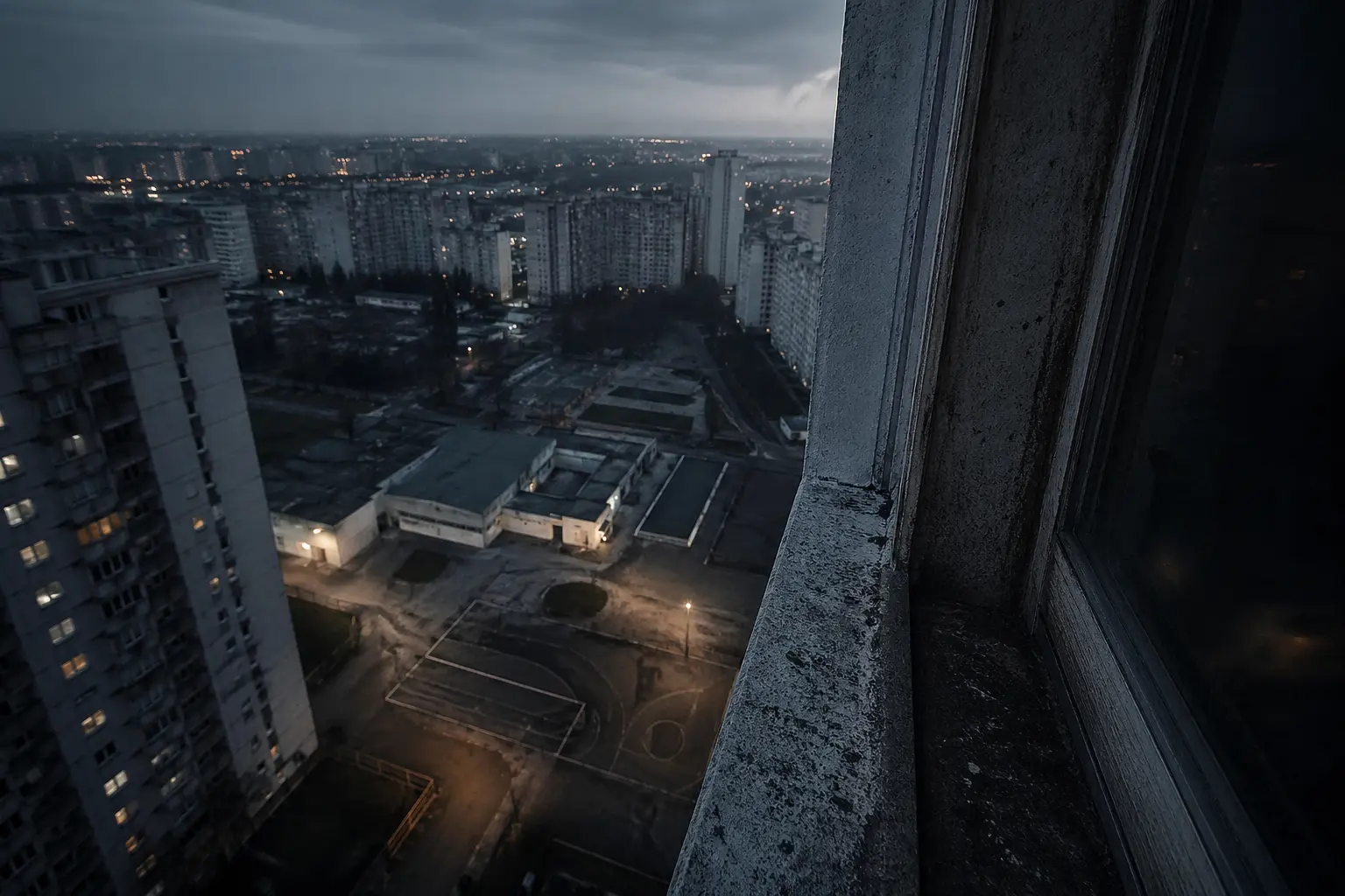 Vue sombre depuis une hauteur d’immeuble sur une cité de béton, image d’illustration d’un souvenir de disparition