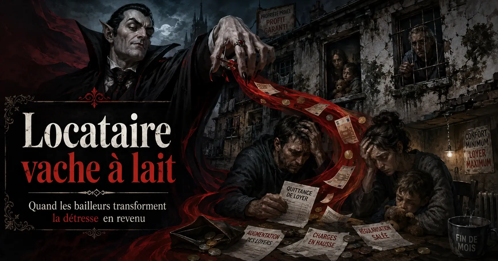 Illustration théâtrale d’un bailleur vampirique dominant des locataires écrasés par les loyers et les charges