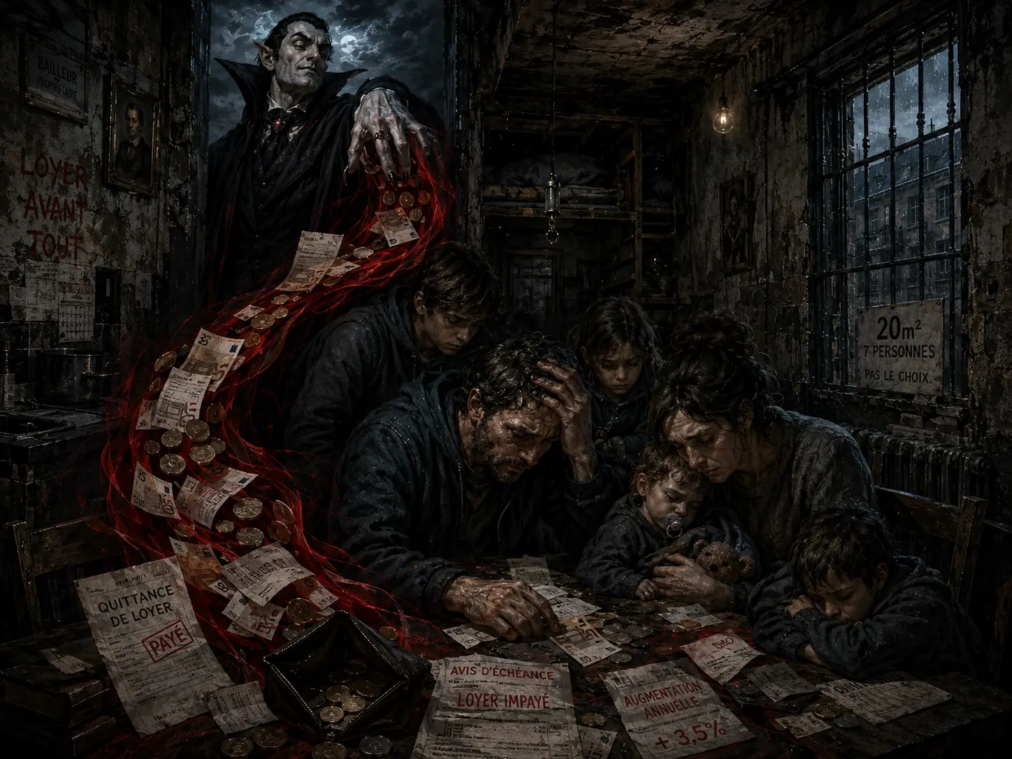 Illustration sombre d’une famille entassée dans un logement trop petit, dominée par une figure de bailleur vampirique