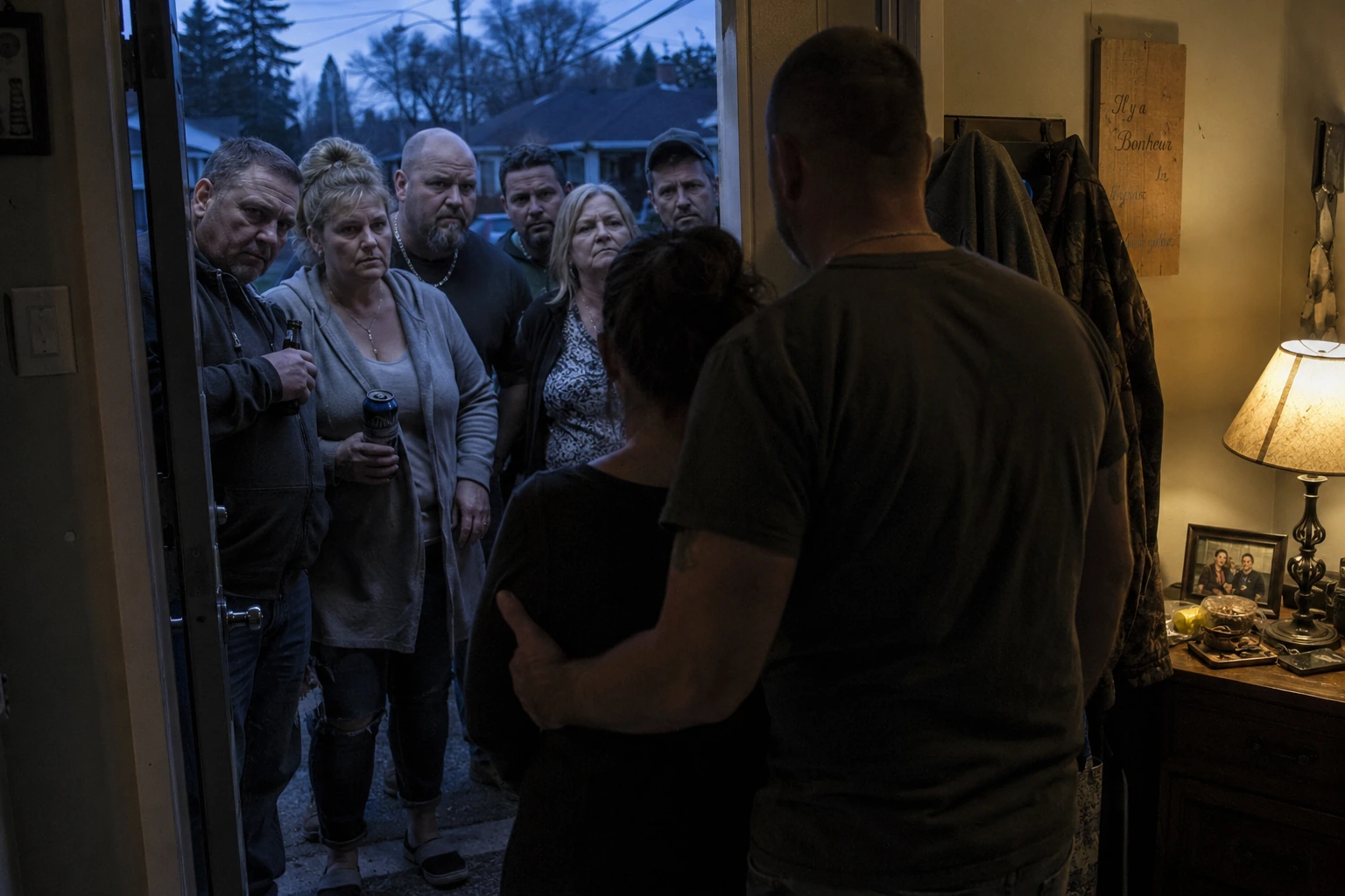 Famille intrusive massée sur le seuil d’une maison, face à un couple qui tente de préserver son intérieur