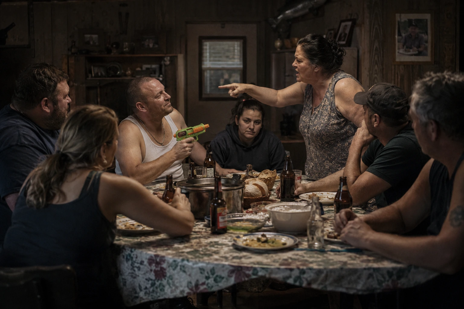 Repas familial tendu autour d’une table ordinaire, avec alcool, pistolet en plastique et reproches collectifs