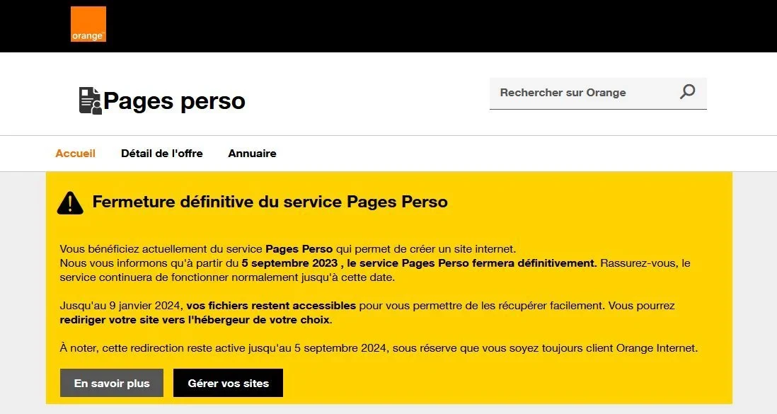 Capture du message de fermeture définitive du service Pages Perso Orange