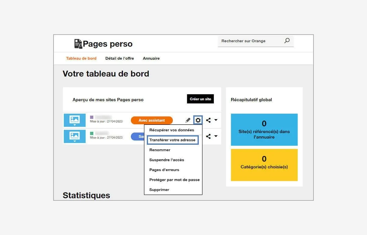 Capture du tableau de bord Pages Perso Orange avec option de transfert d’adresse