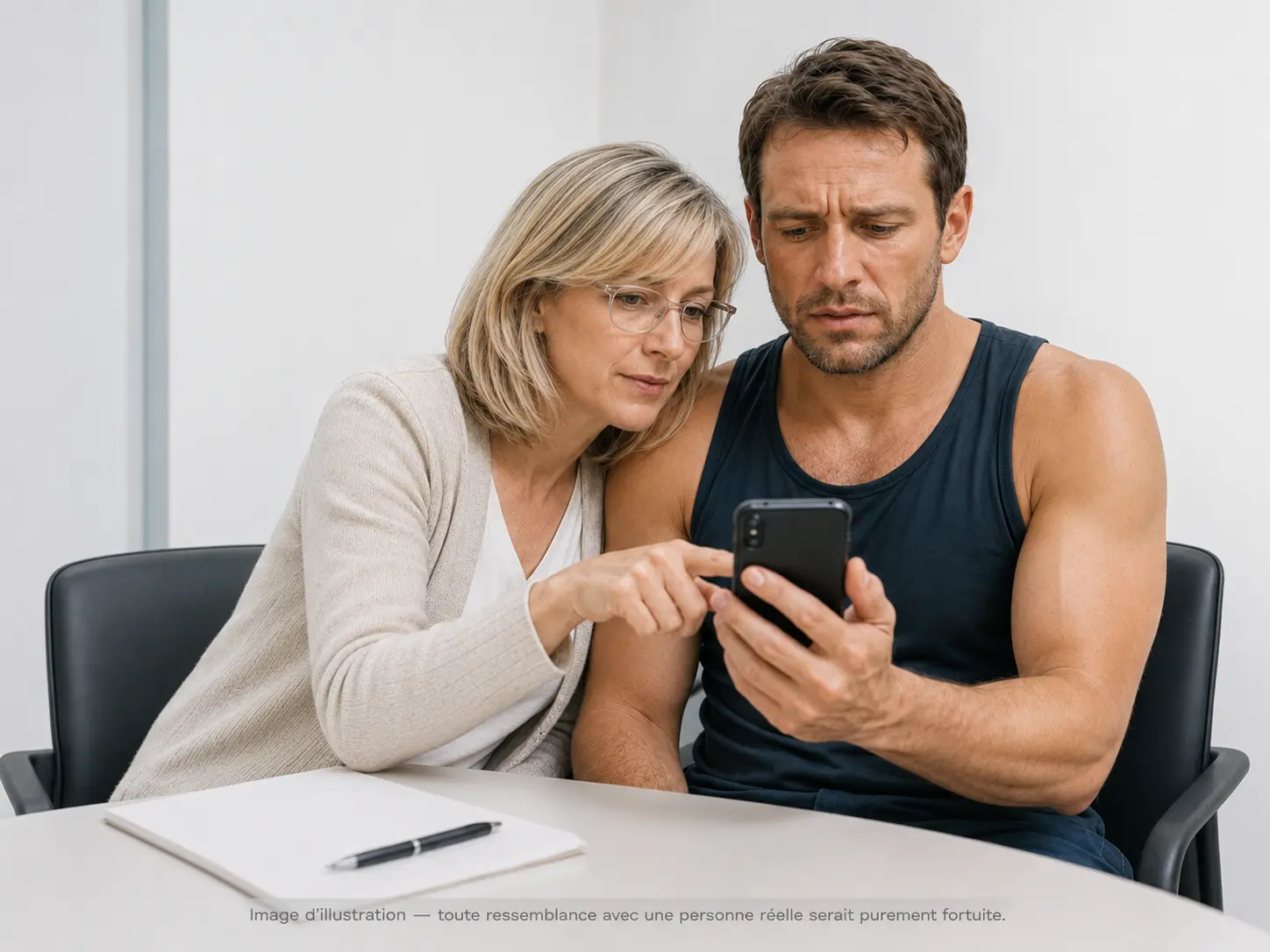 Image d’illustration montrant une professionnelle de suivi psychologique penchée très près d’un patient pour regarder son téléphone
