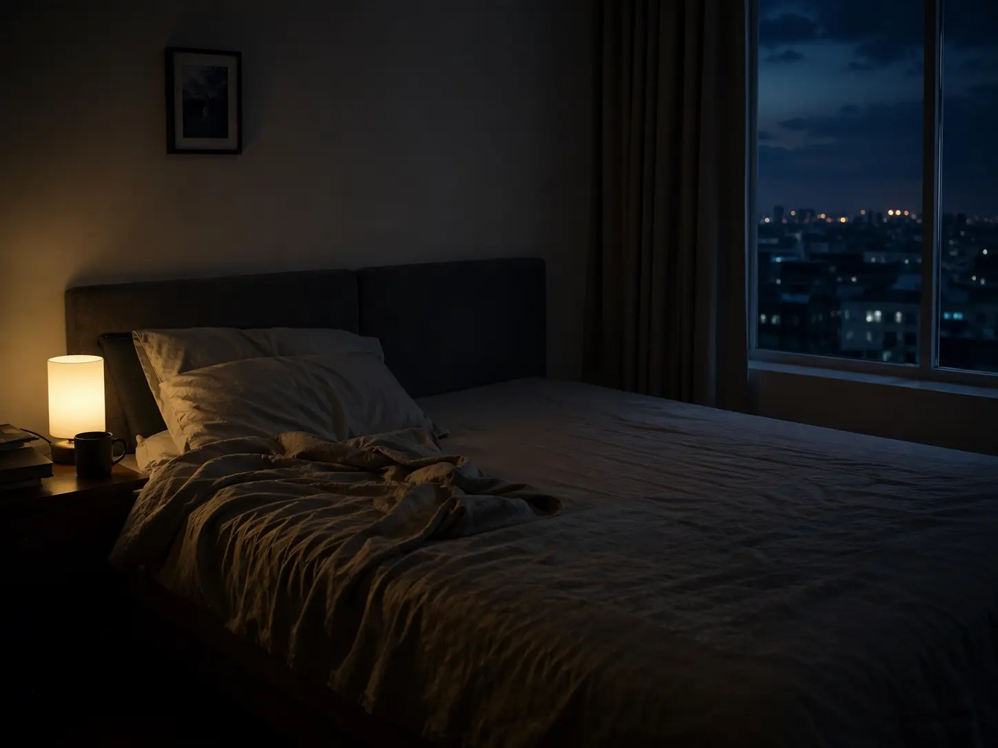 Lit de nuit dans une chambre sombre avec une sensation de solitude et d’absence