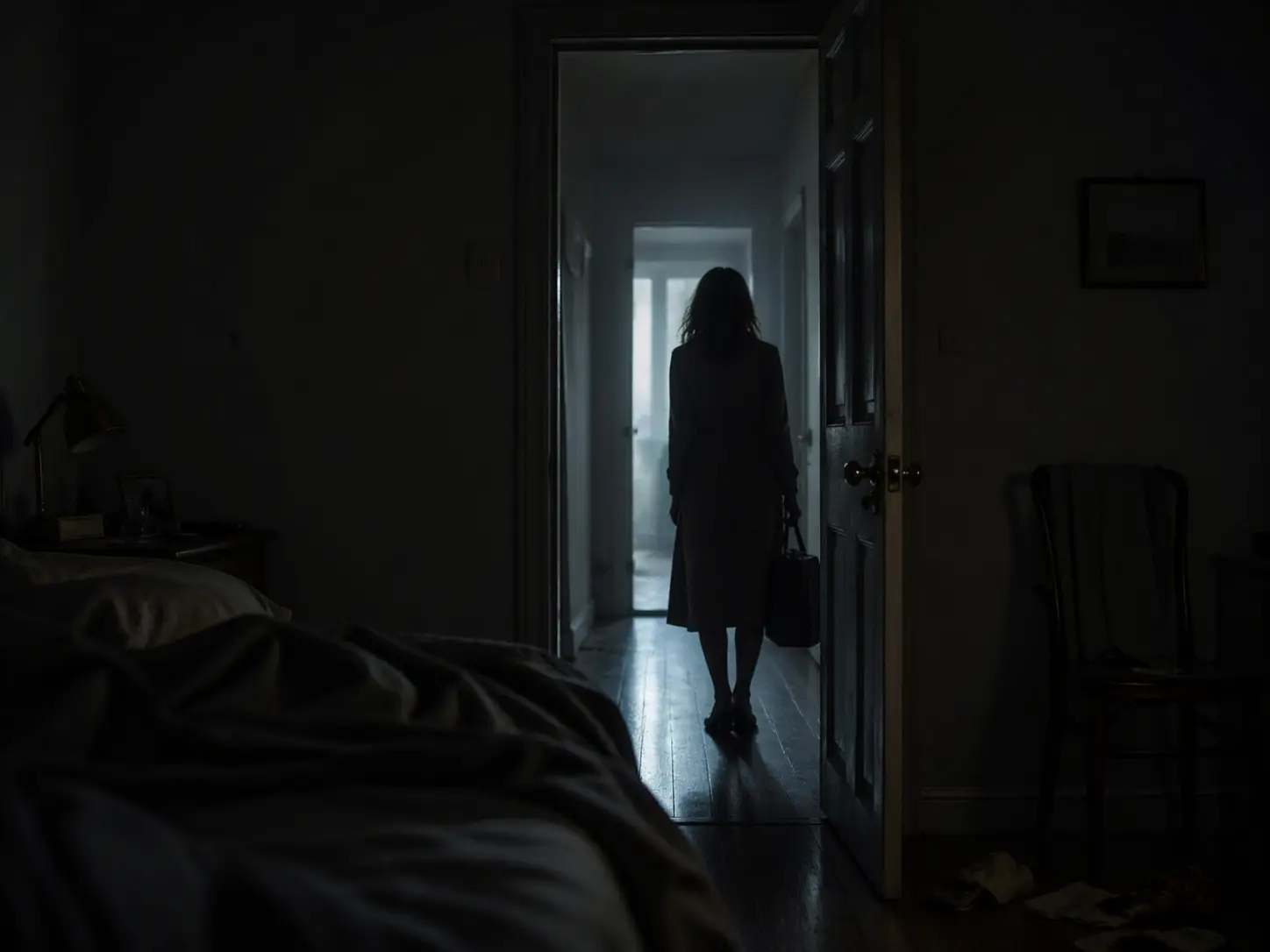 Silhouette quittant une pièce dans une ambiance de nuit et de séparation