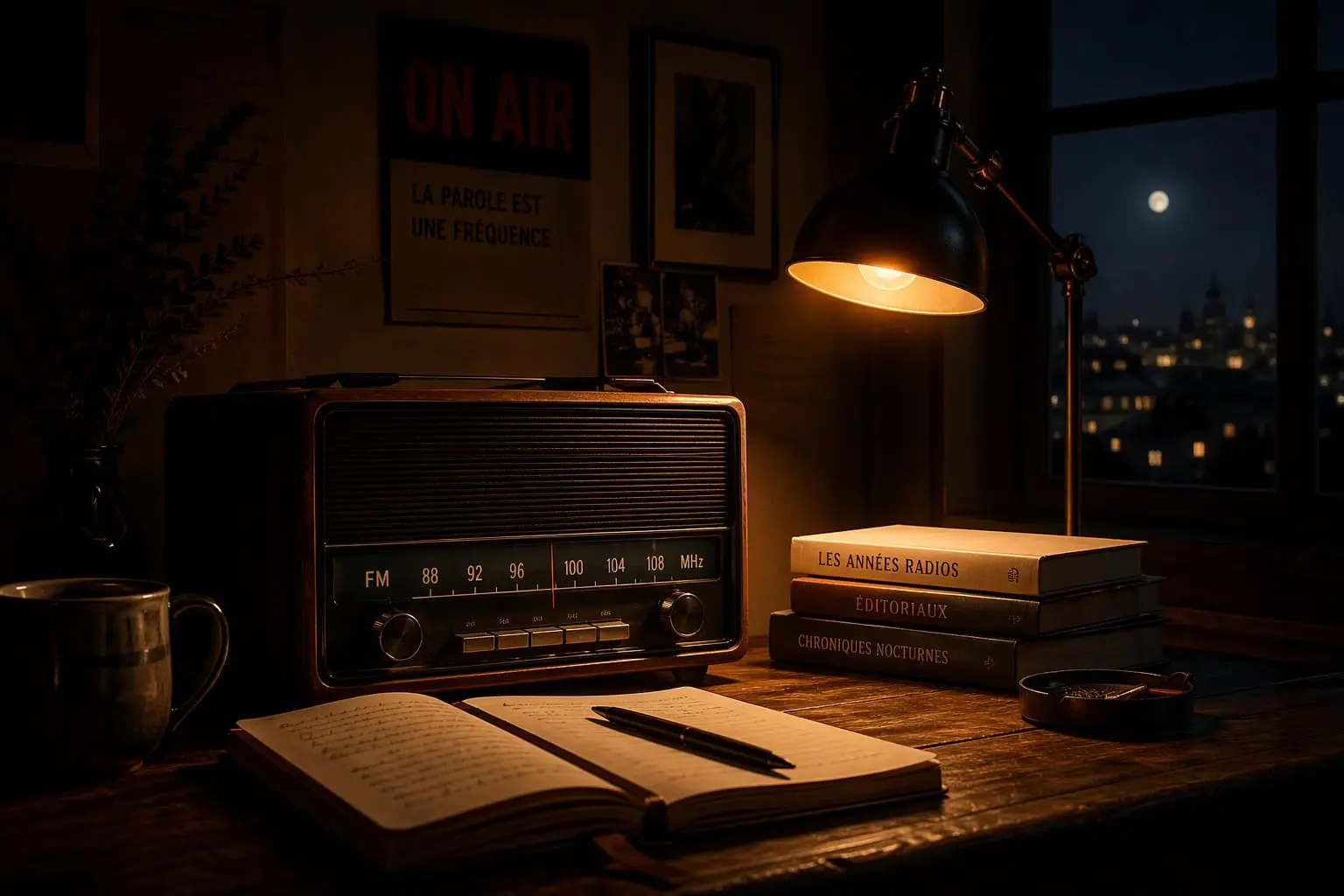 Ambiance de radio de nuit avec bureau, lampe et poste FM