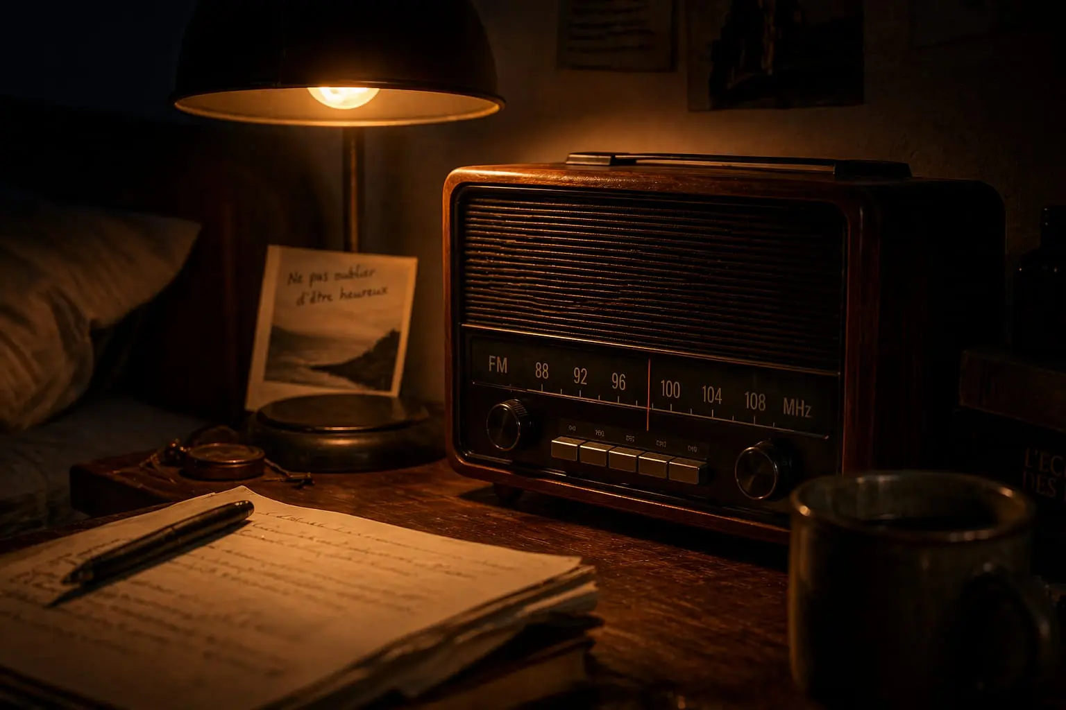 Poste radio FM ancien dans une ambiance de chambre de nuit
