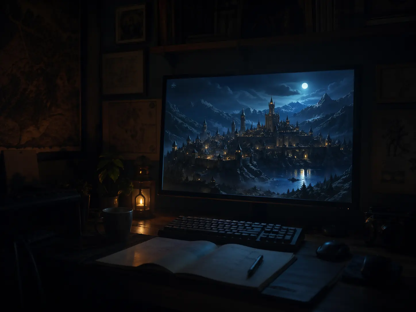 Écran nocturne montrant un vaste monde virtuel dans une ambiance immersive