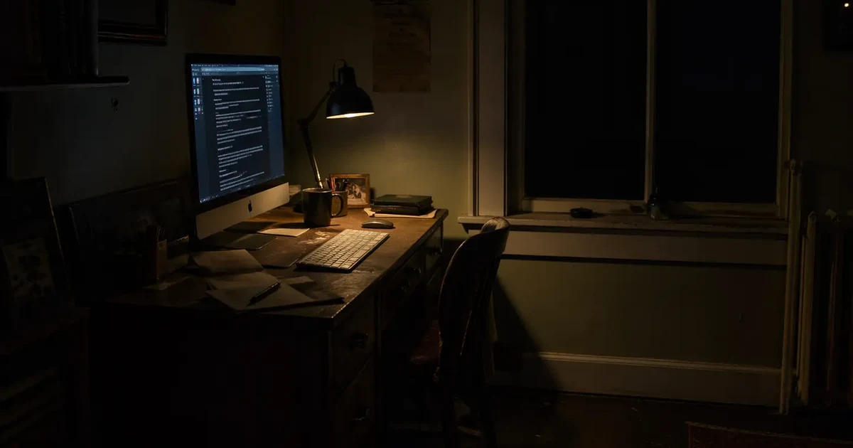 Bureau éclairé dans une pièce sombre, fenêtre noire et écran allumé, comme une trace intérieure déposée dans la nuit
