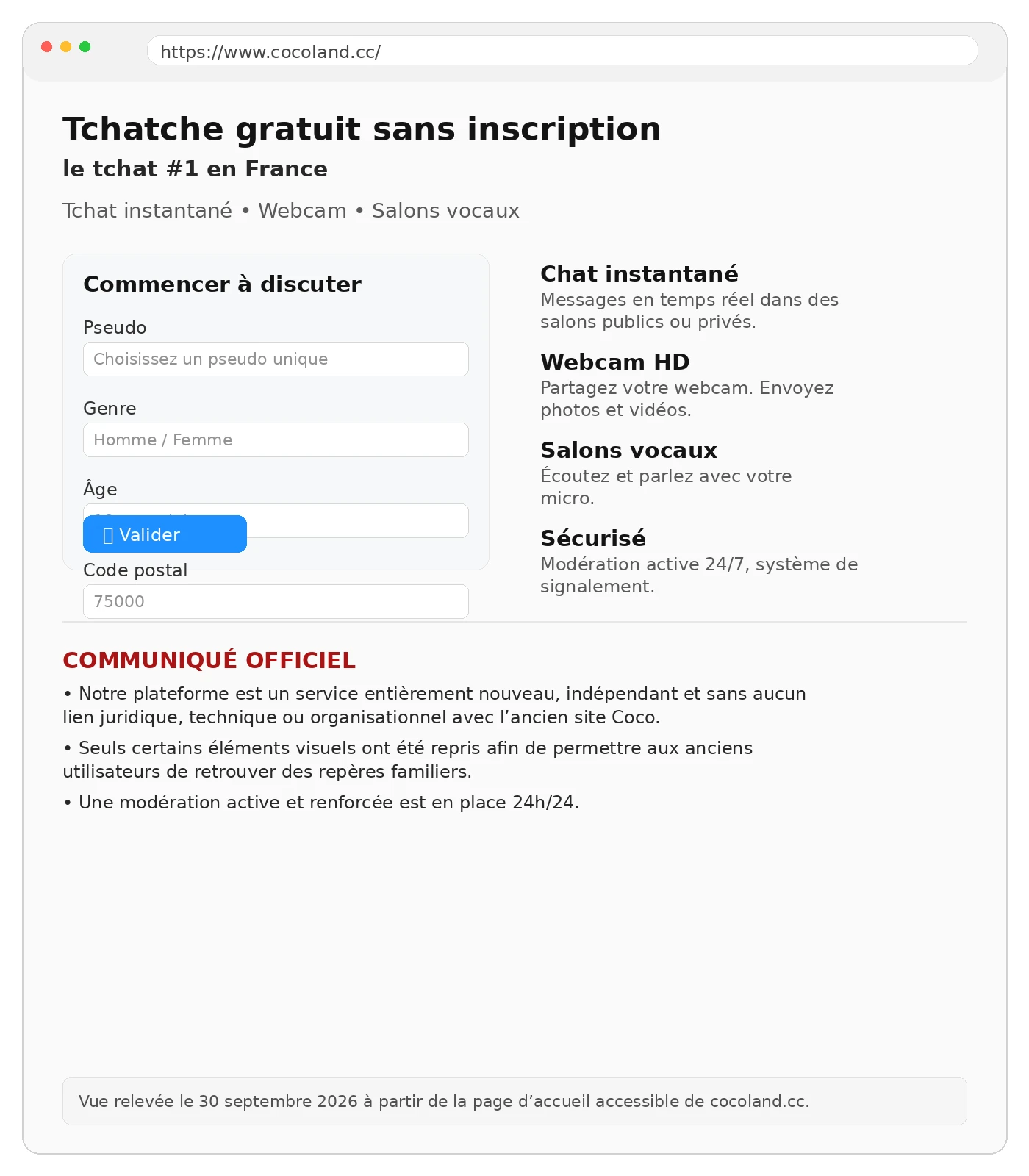 Relevé visuel de la page d’accueil de cocoland.cc au 30 septembre 2026, avec le titre Tchatche gratuit sans inscription, le formulaire d’entrée et le communiqué officiel