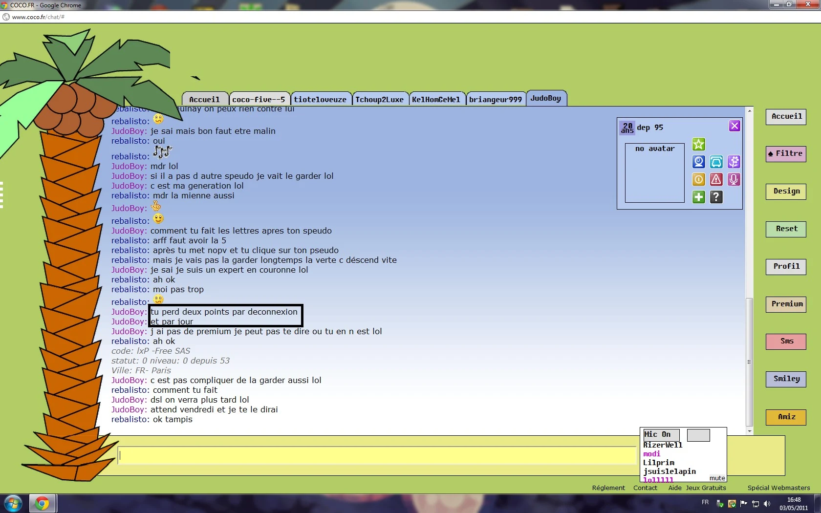 Capture de Coco.fr montrant une conversation sur la perte de points, les couronnes, le Premium et le bouton Mic On