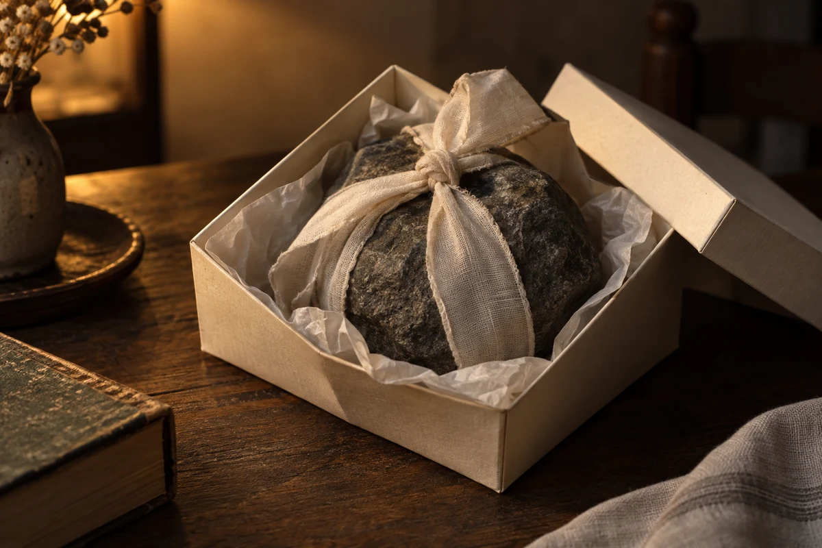 Une pierre lourde enveloppée d’un ruban doux dans une boîte cadeau