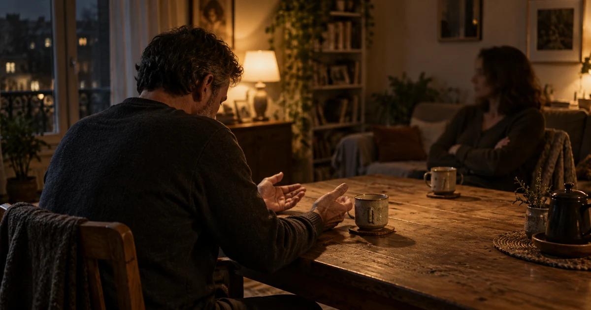 Deux adultes séparés par une table, l’un baissant les yeux après une conversation tendue