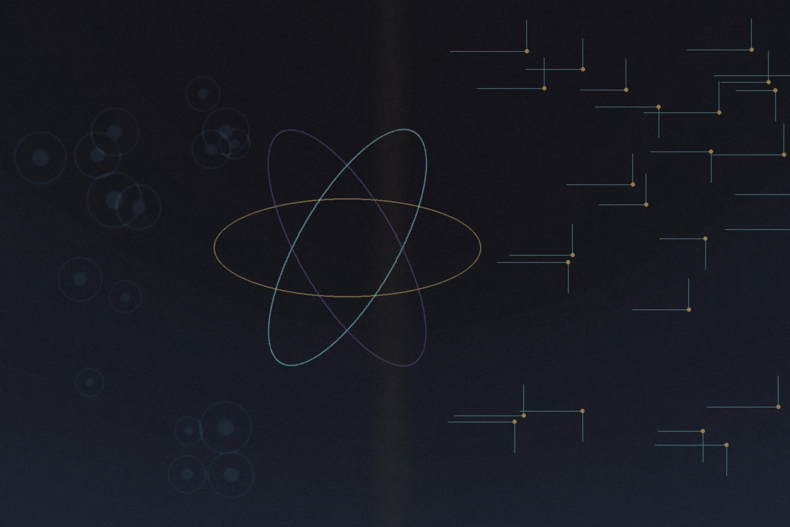 Matière sombre, formes d’atomes, reflets d’eau et lignes électriques évoquant le lien entre corps et machine