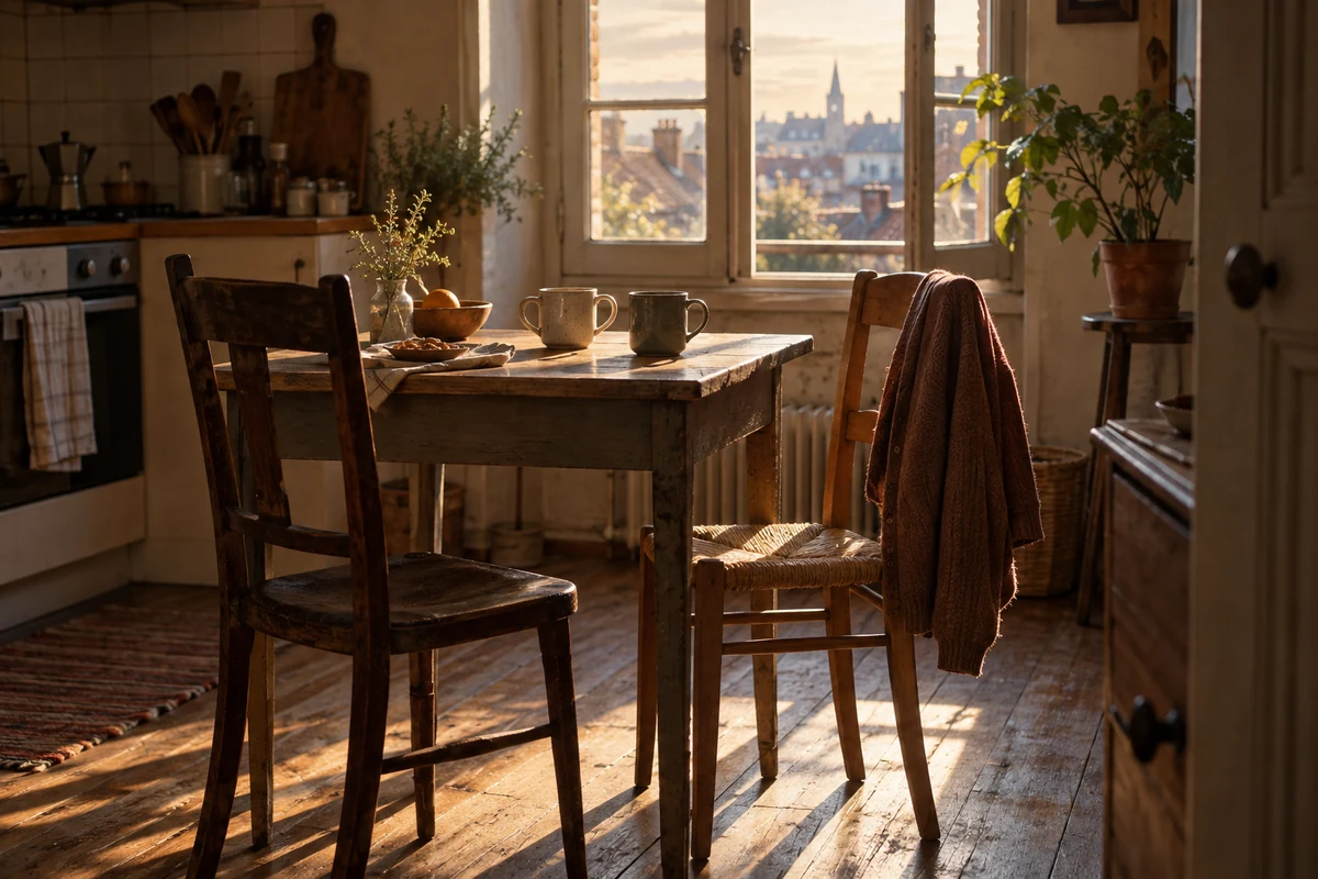 Deux chaises et deux tasses autour d’une table de cuisine éclairée par le matin