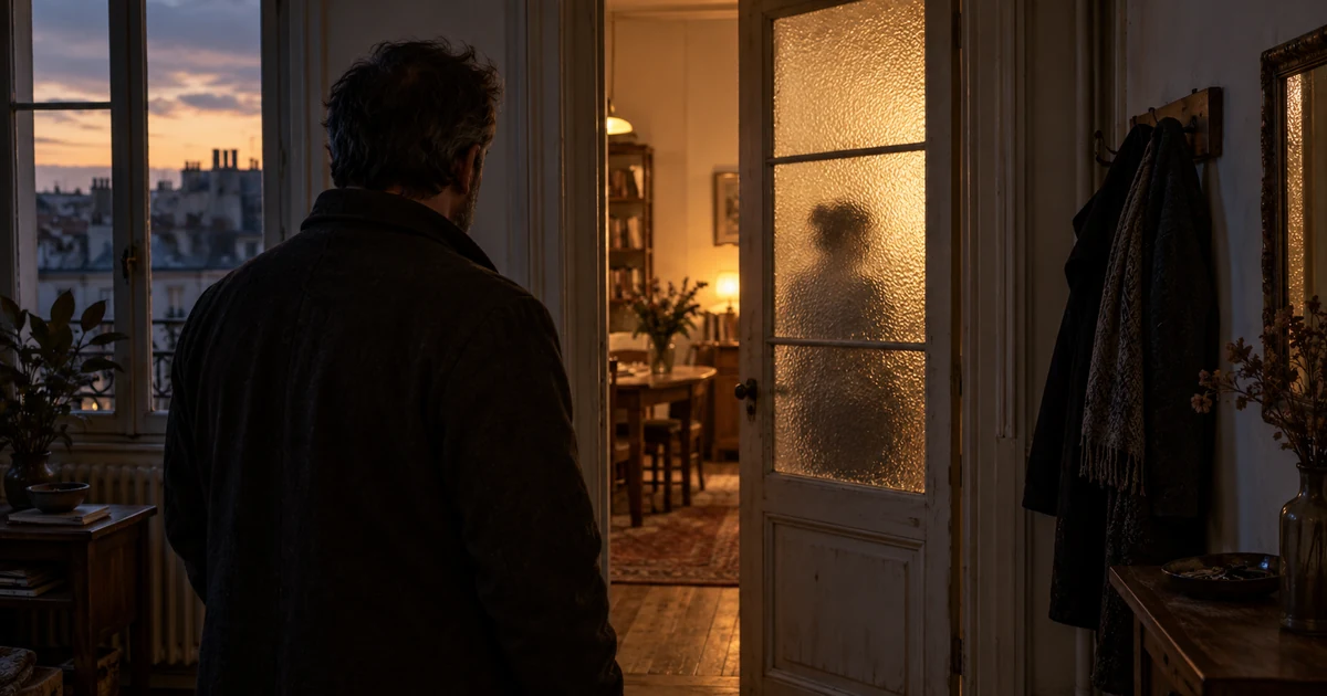 Un homme sur le seuil d’une pièce, face à une silhouette derrière une porte vitrée