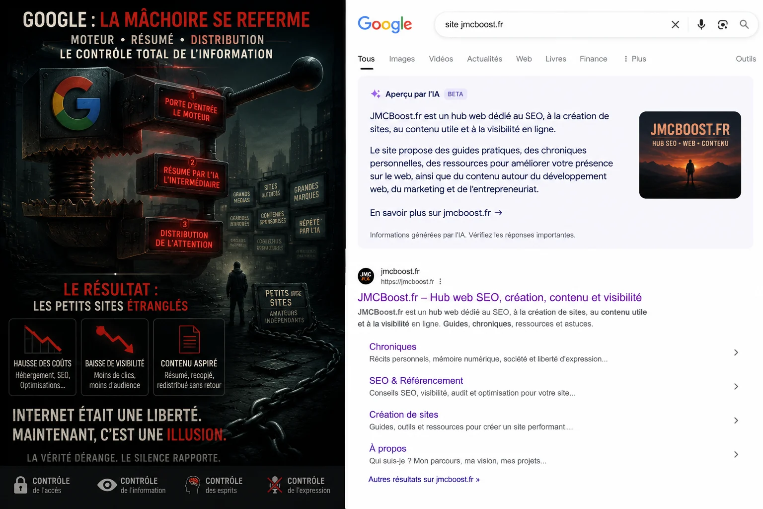 Une immense mâchoire numérique se referme entre un moteur de recherche et de petits sites indépendants