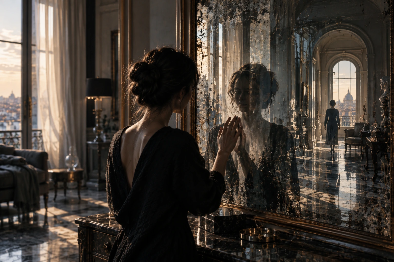 Sphère sombre suspendue entre un ciel étoilé et un réseau de lignes, comme un miroir entre perception et réalité